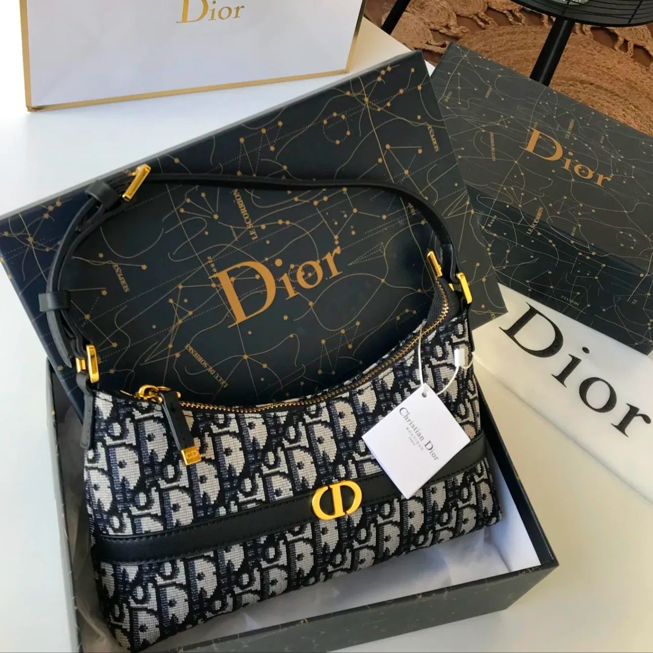 Dior 30 Montaigne Black Color Small Hobo Shoulder Bag (With Box)