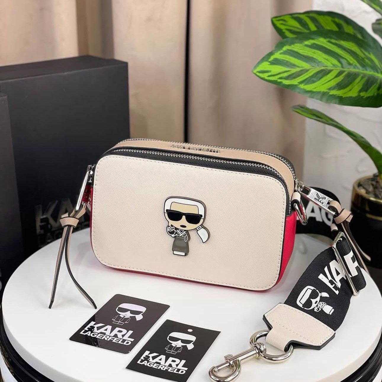 Karl Lagerfeld Brown / Red Camera Crossbody Sling Bag (With Box)