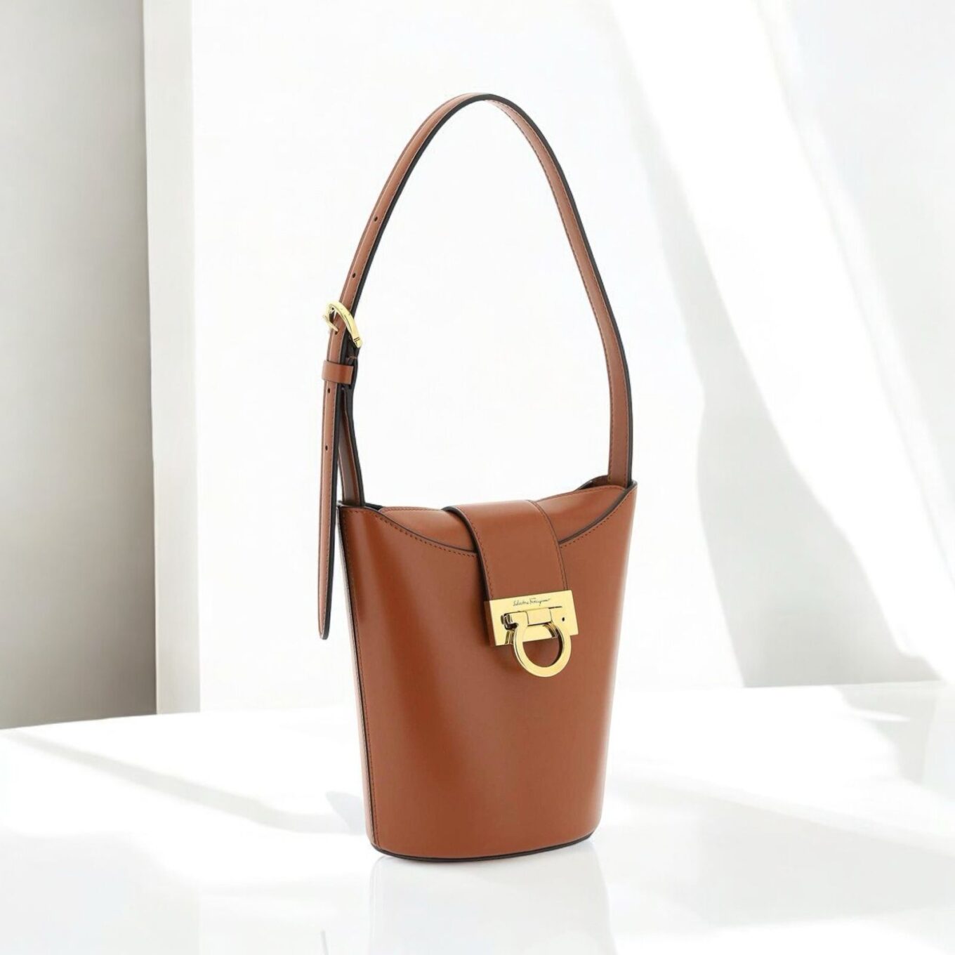 Ferragamo Trifolia Brown Bucket Sling Bag (With Box)