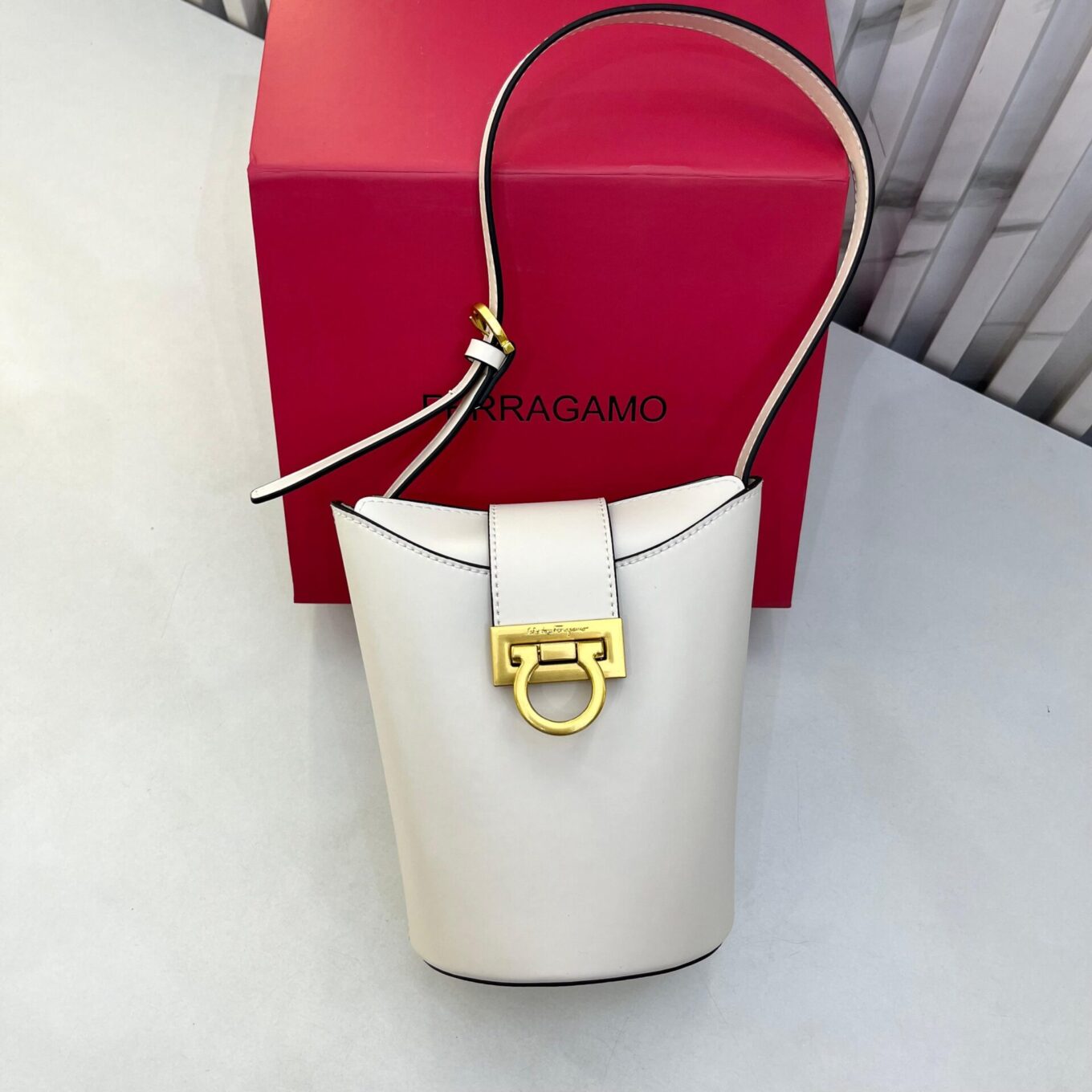 Ferragamo Trifolia White Bucket Sling Bag (With Box)