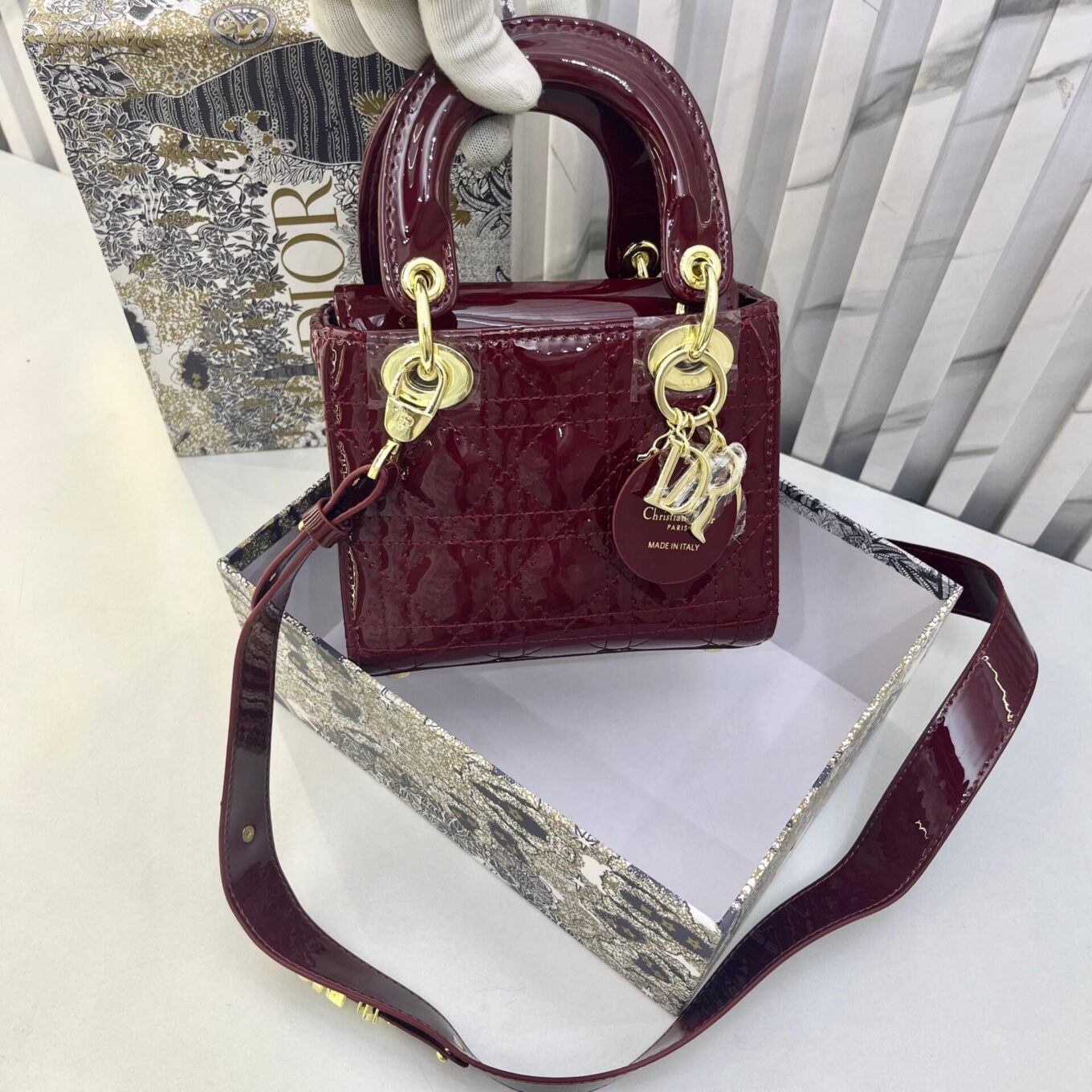 Lady Dior Wine Patent Small Handbag (With Box)