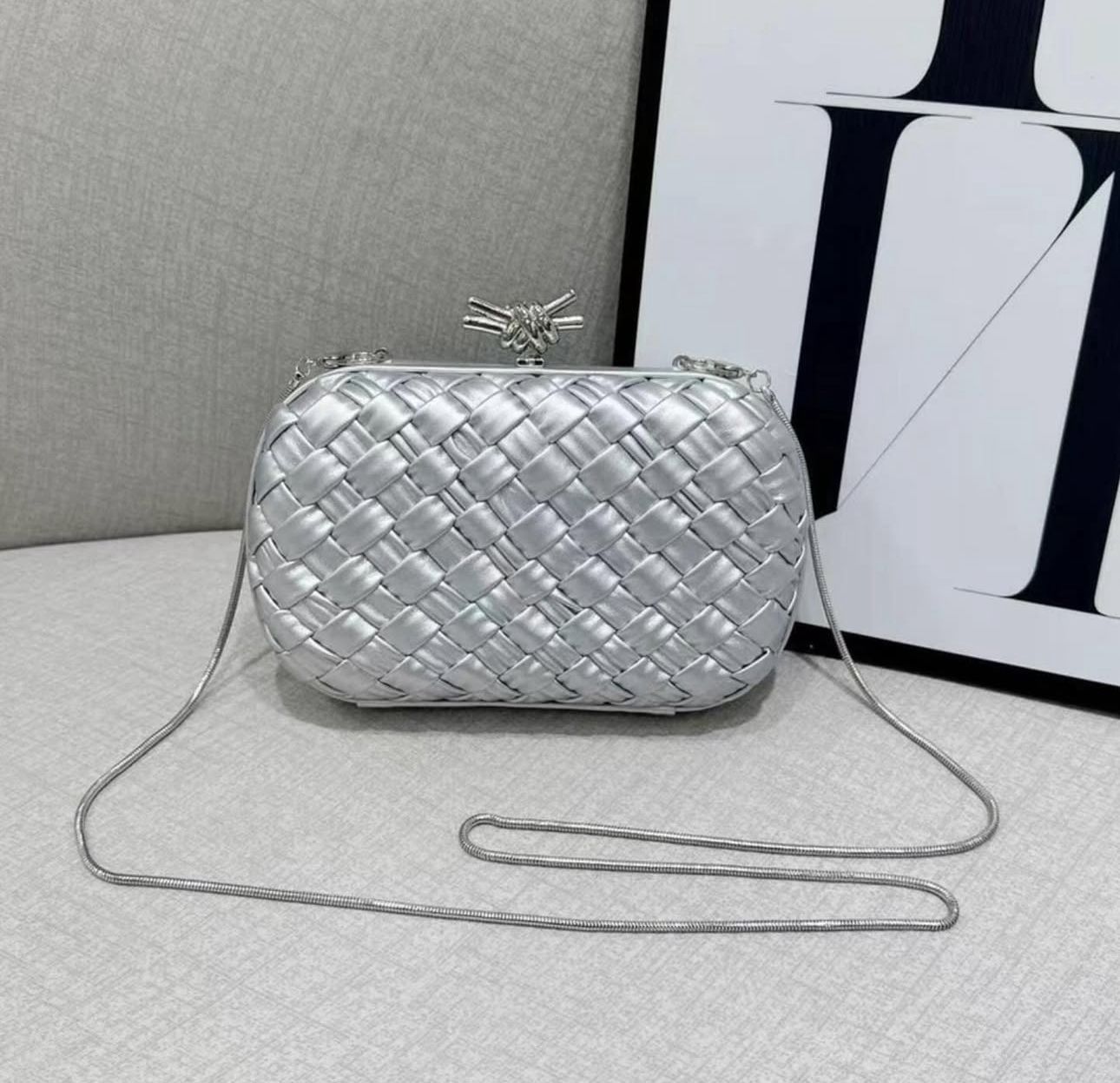 WhatsApp Image 2025-06-04 at 8.07.52 PM Bottega Venetta Knot Silver Clutch (With Box)