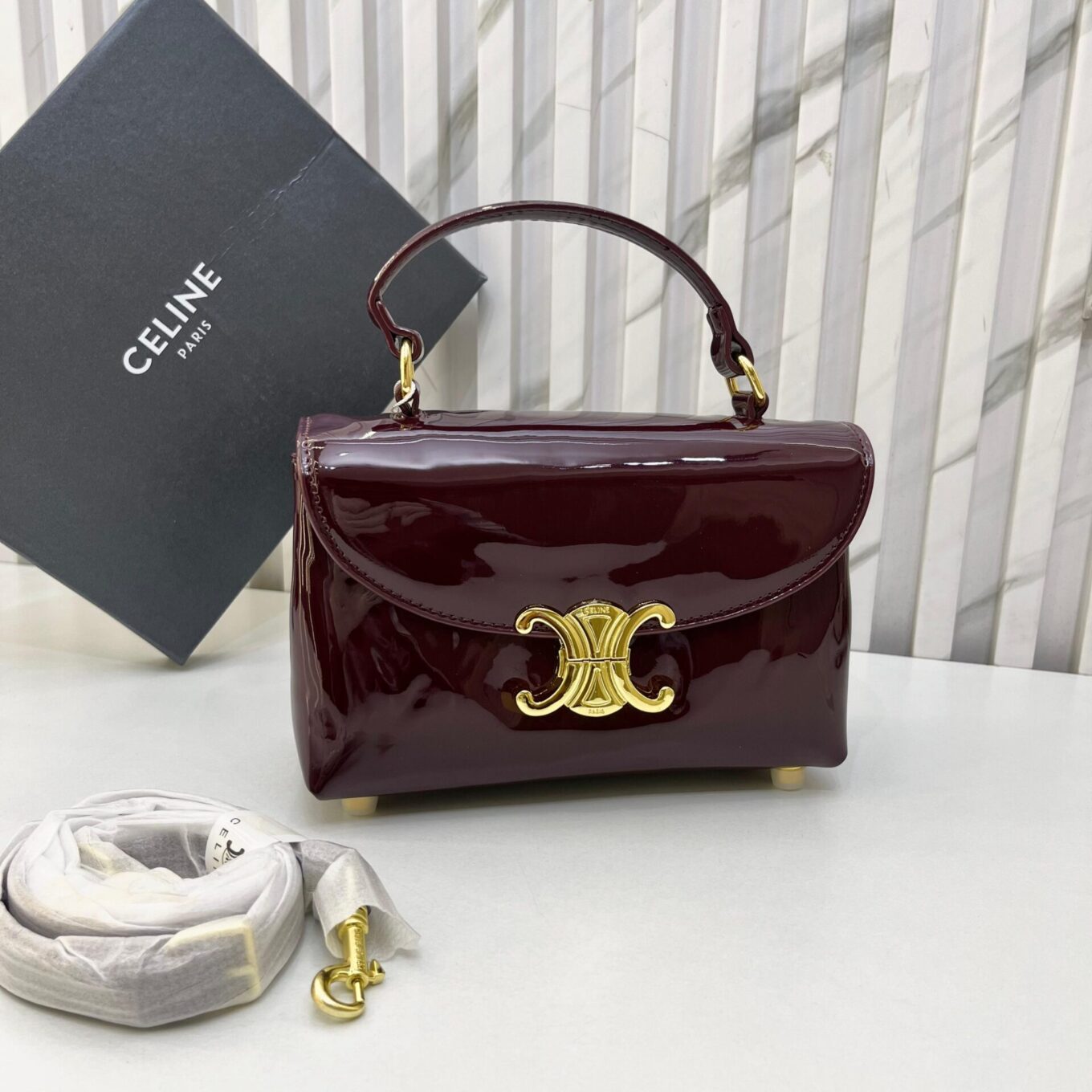 Celine Underarm Wine Red Patent Sling Bag (With Box)