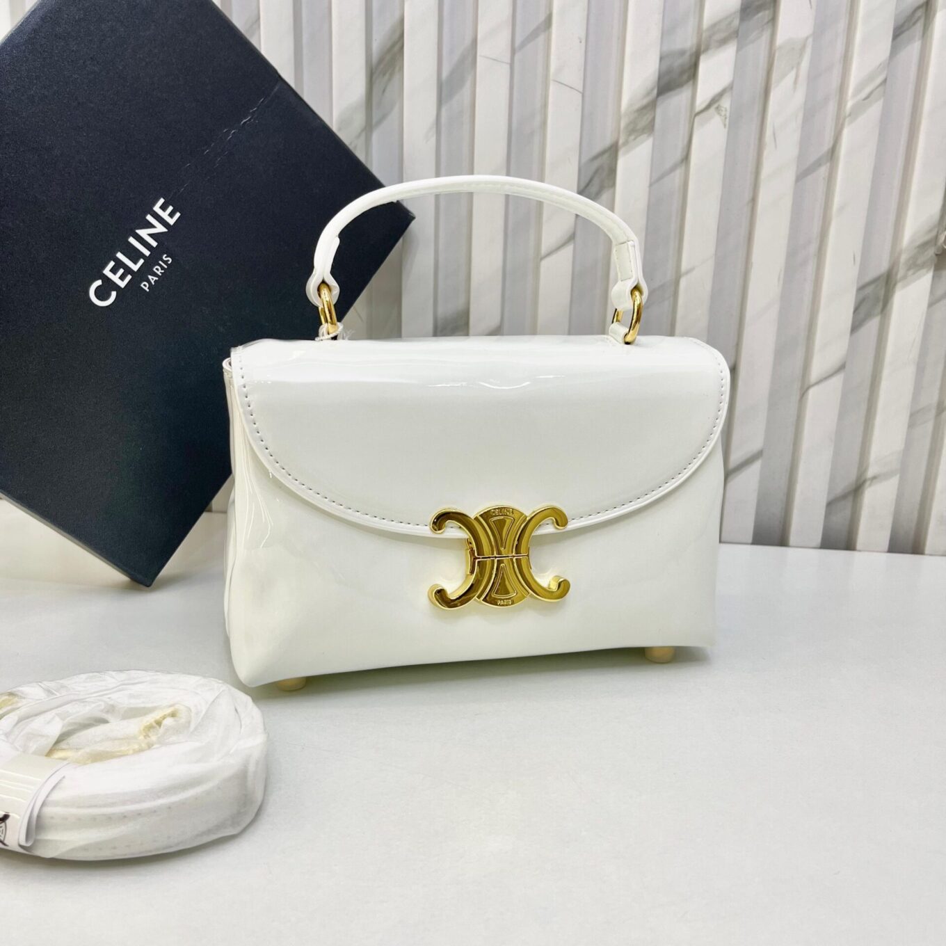 Celine Underarm White Patent Sling bag (With Box)