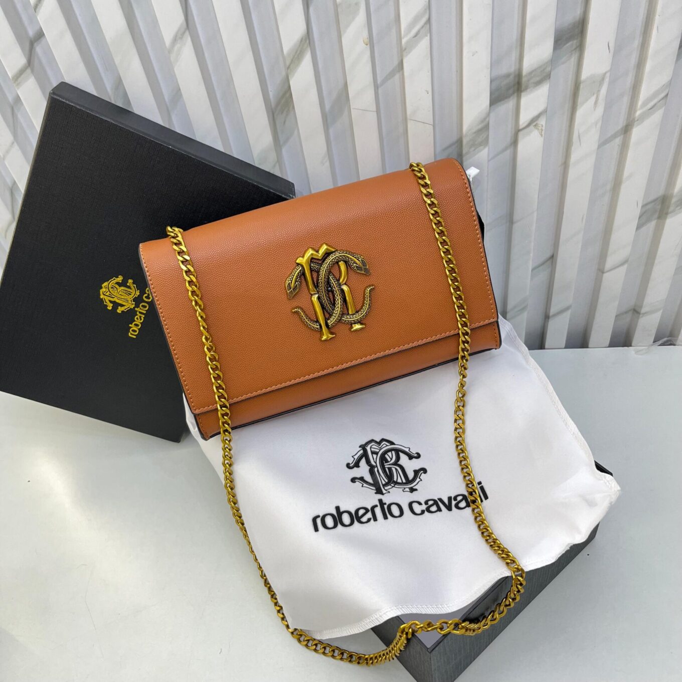 Roberto Cavali Mirror Snake Brown Sling Bag (With Box)