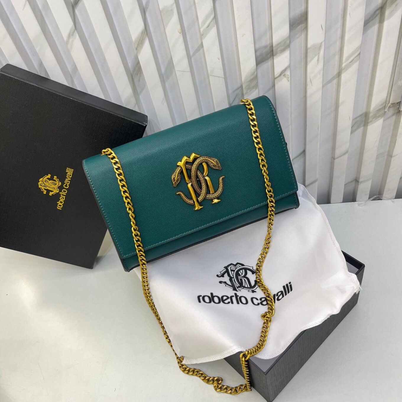 Roberto Cavali Mirror Snake Green Sling Bag (With Box)