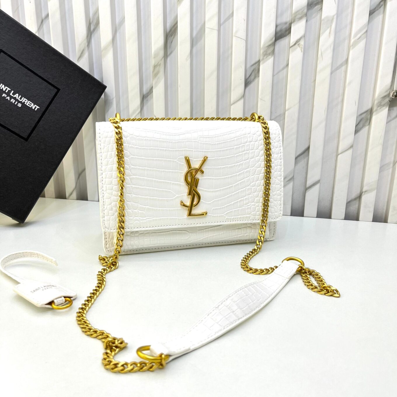 Ysl Sunset Croco White Sling Bag (With Box)
