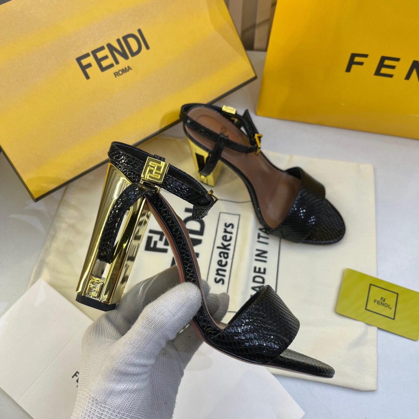 Fendi Zucca Croco Black Heeled Sandal