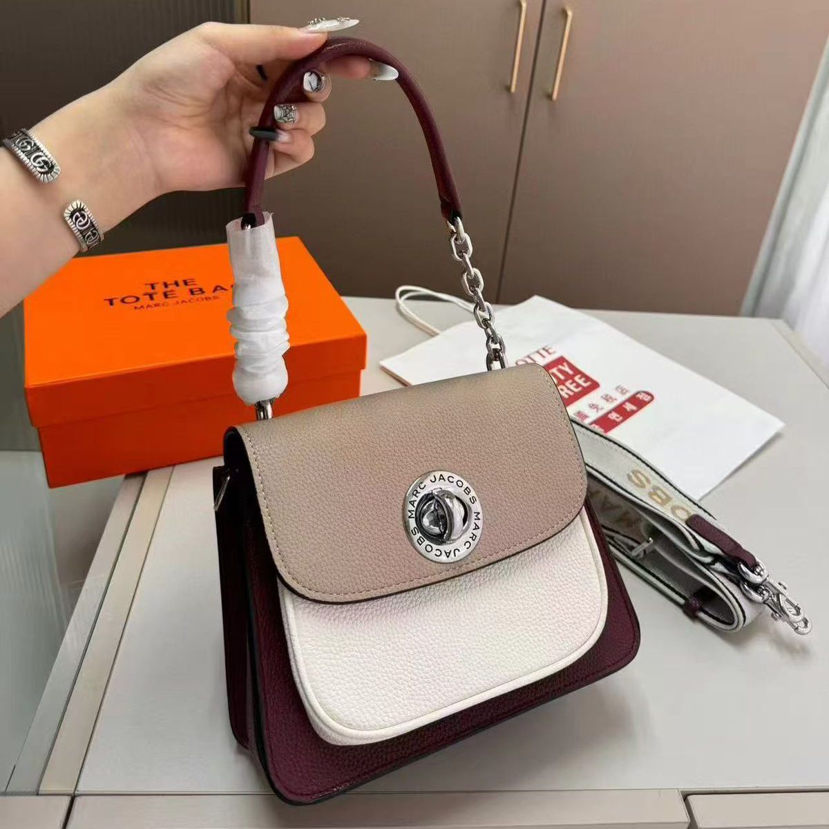 Marc Jacobs Turn Lock Satchel Black Wine Shoulder Bag (With Box)