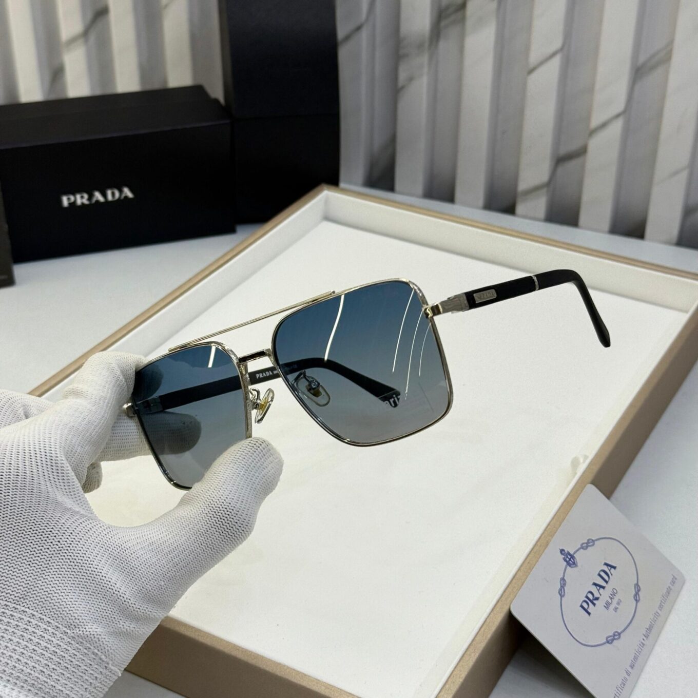 Prada Square Aviator Men's Sunglasses Silver Frame with Blue Gradient Lens