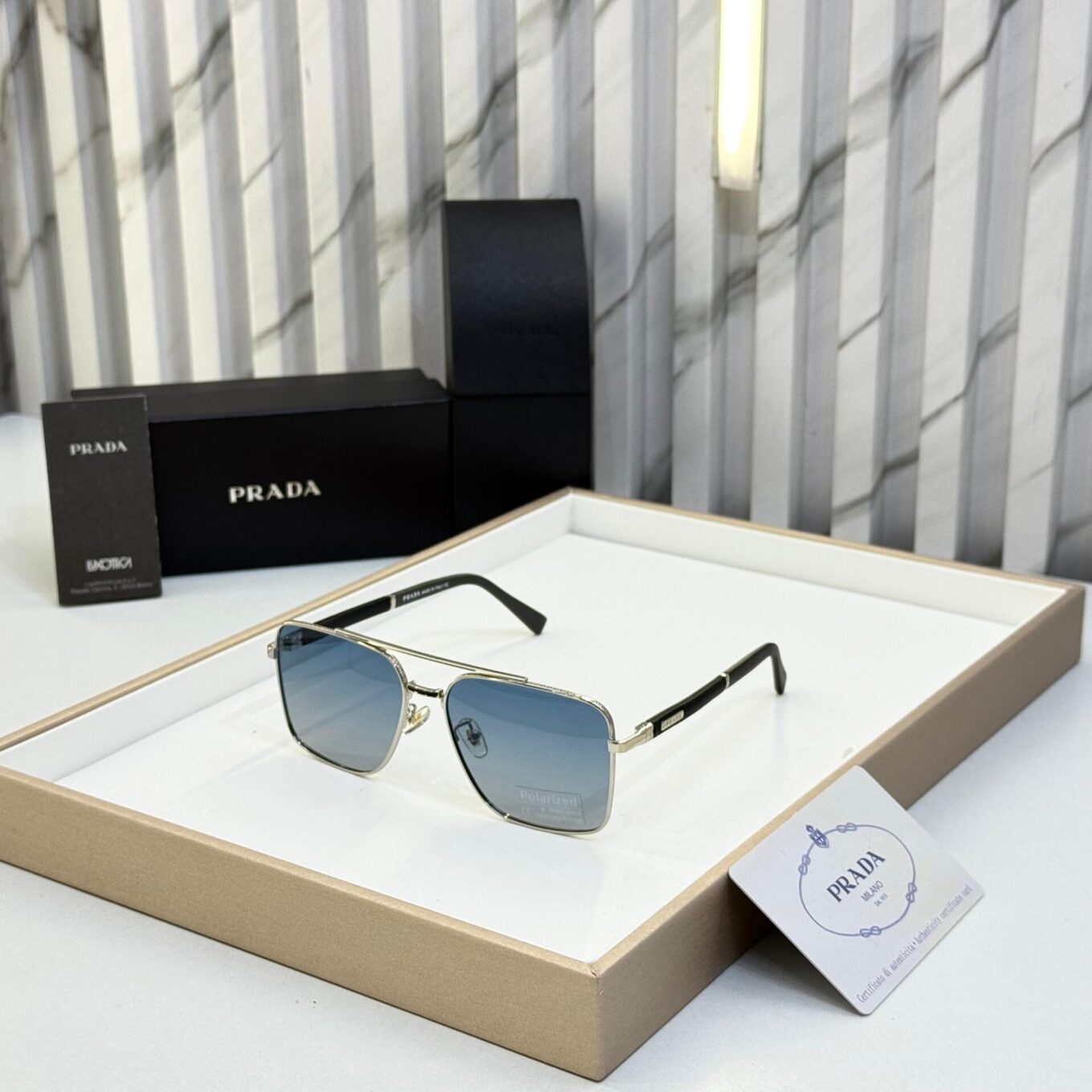Prada Square Aviator Men's Sunglasses Silver Frame with Blue Gradient Lens