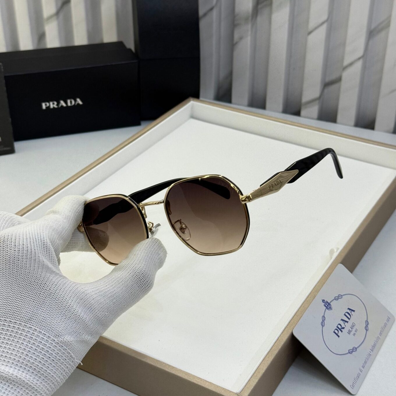 Prada Geometric Gold Frame with Brown Gradient Lens unisex sunglasses