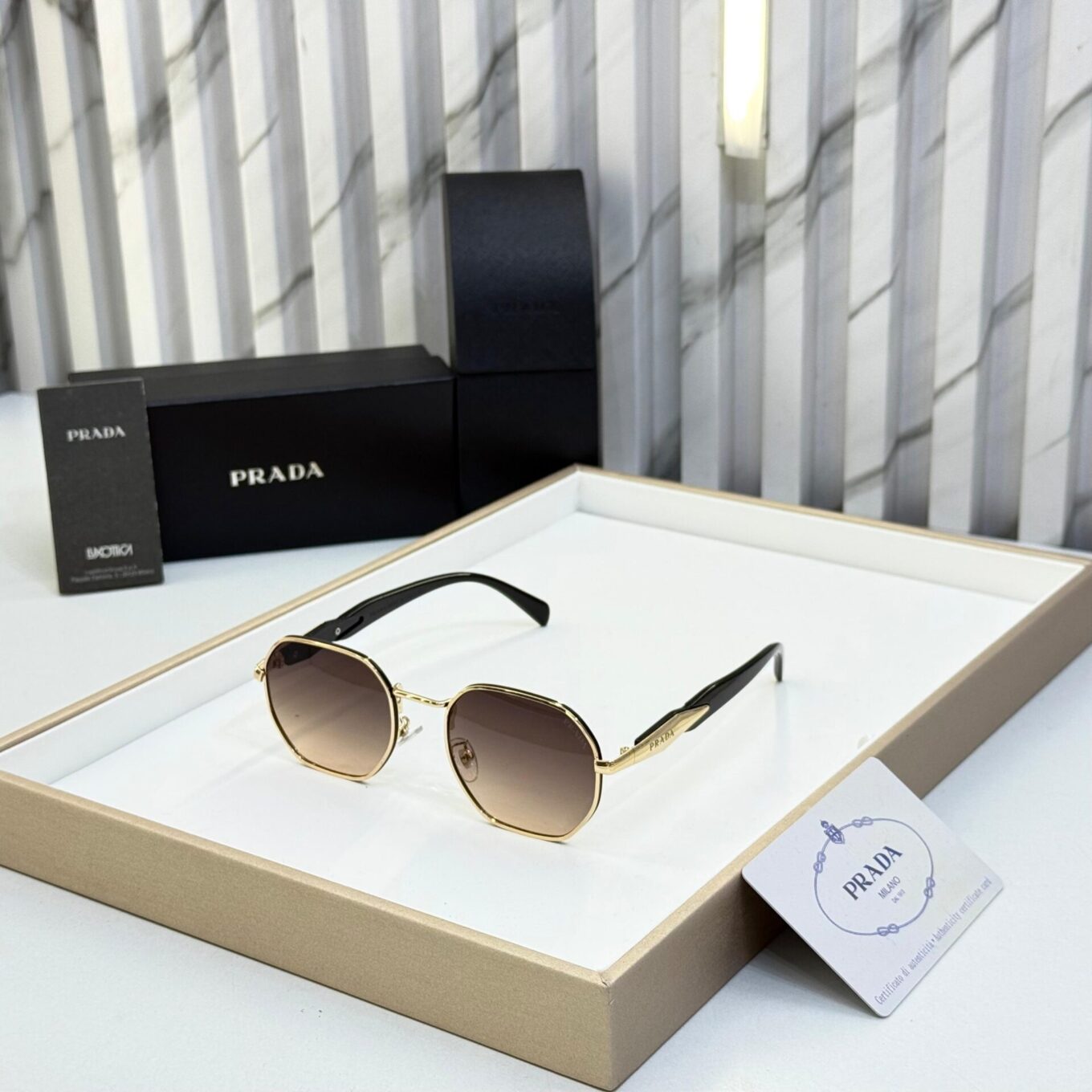 Prada Geometric Gold Frame with Brown Gradient Lens unisex sunglasses