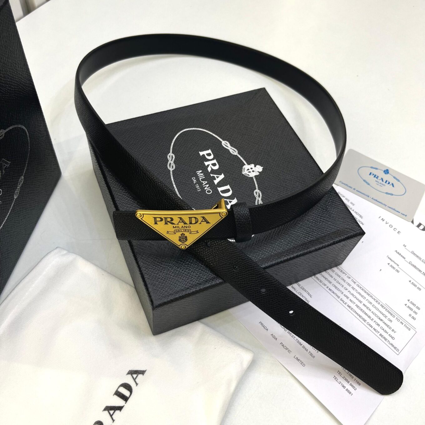 Prada Milano Black Gold Triangle Buckle Belt