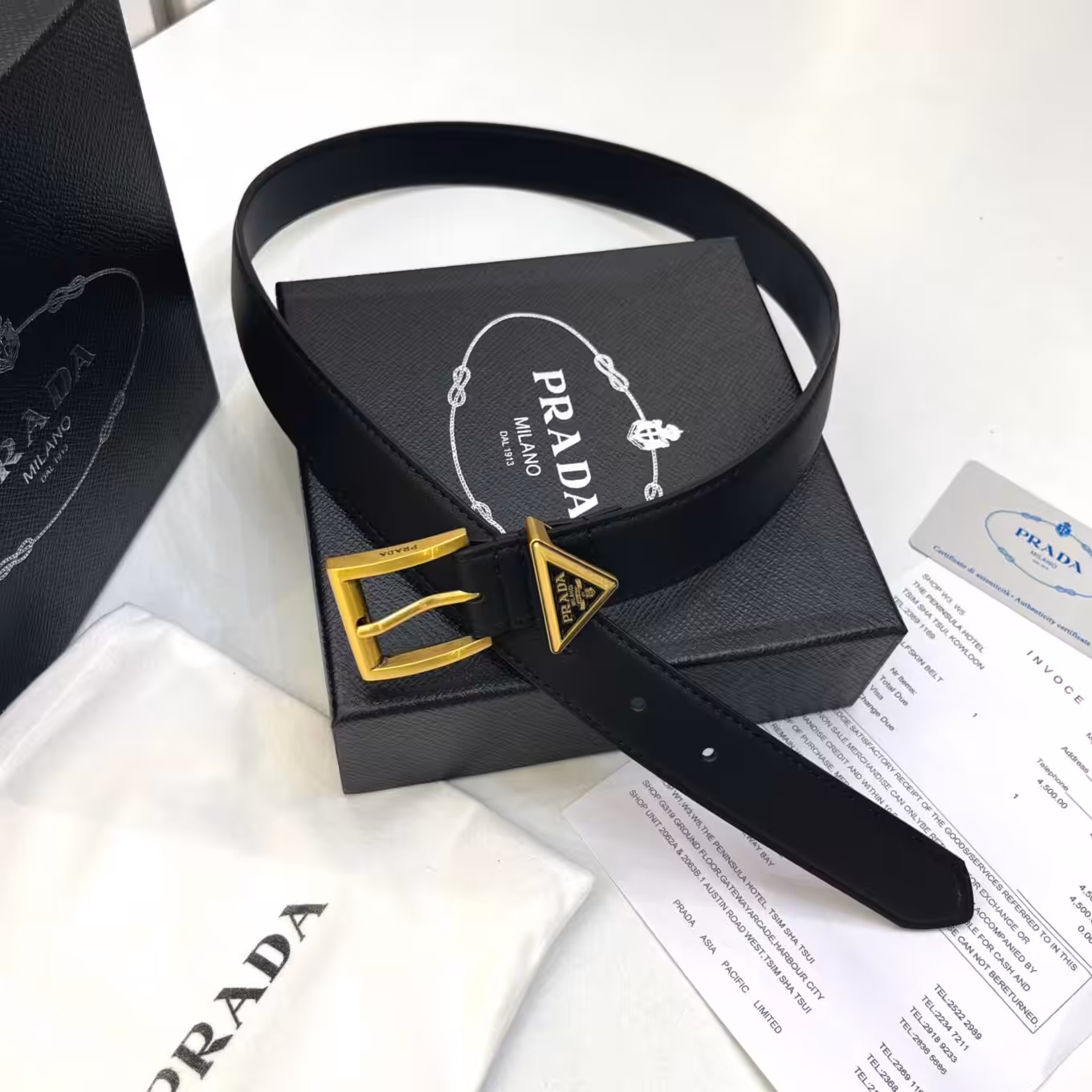 Prada Milano Black Gold Triangle Pin Belt