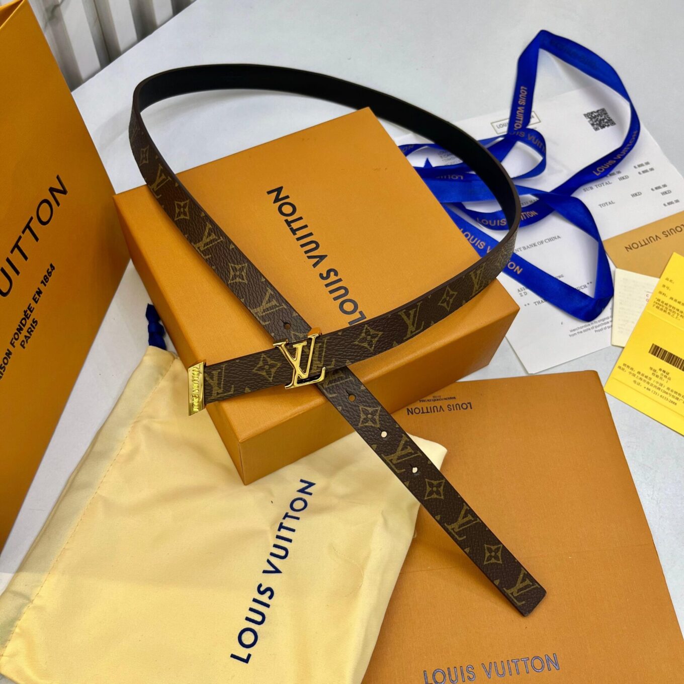 Louis Vuitton Initiales Monogram With Gold LV Buckle Women's Belt