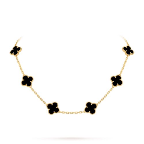 Van Cleef Alhambra Black Marble Clover Gold Color Necklace