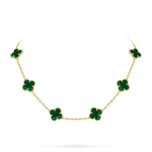 Van Cleef Alhambra Green Marble Clover Gold Color Necklace