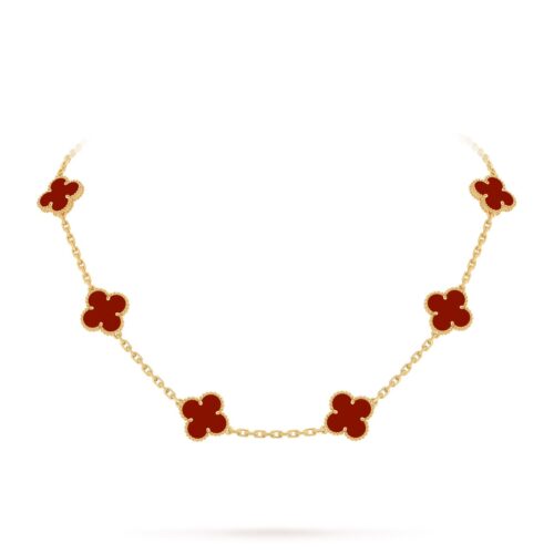Van Cleef Alhambra Red Marble Clover Gold Color Necklace