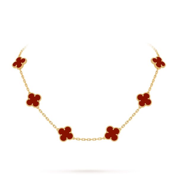 Van Cleef Alhambra Red Marble Clover Gold Color Necklace