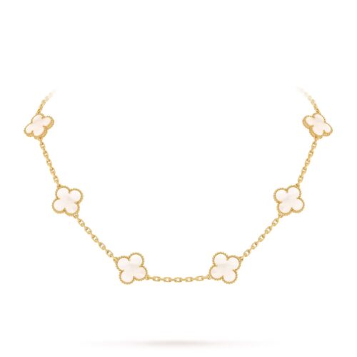 Van Cleef Alhambra White Marble Clover Gold Color Necklace