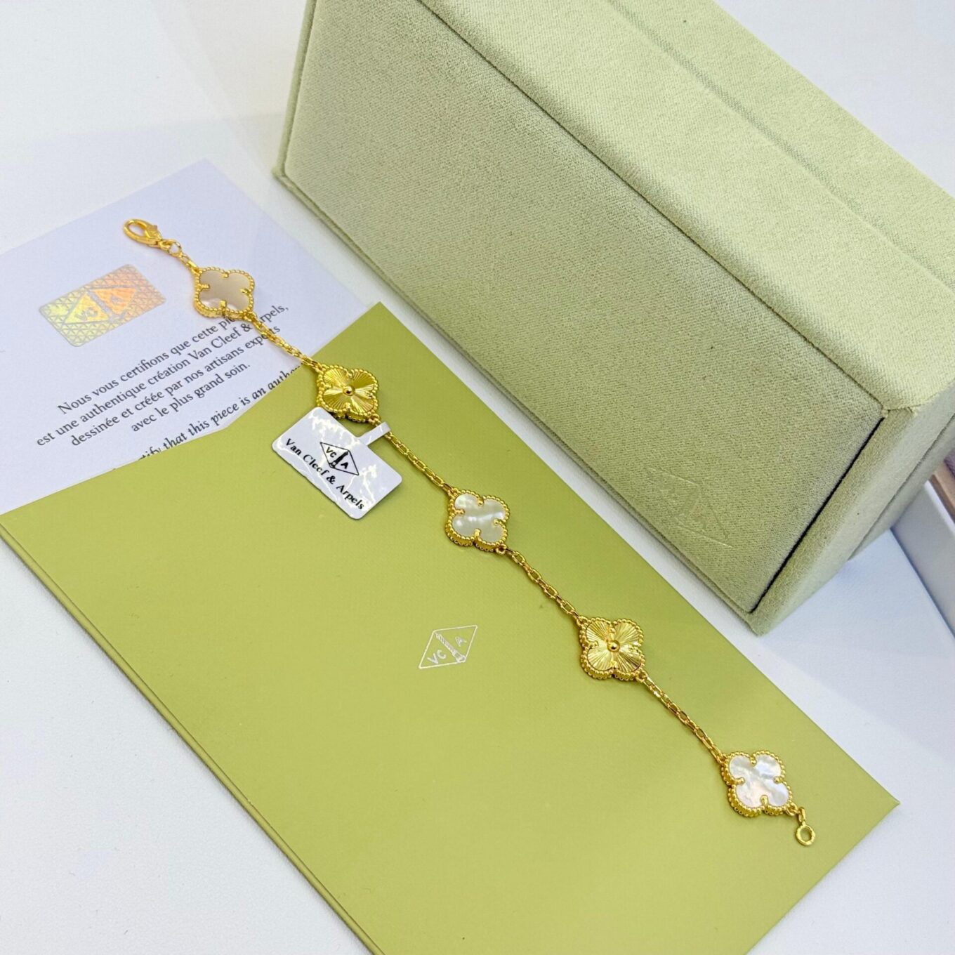 Van Cleef Alhambra White Marble & Silver Clover Gold Color Bracelet