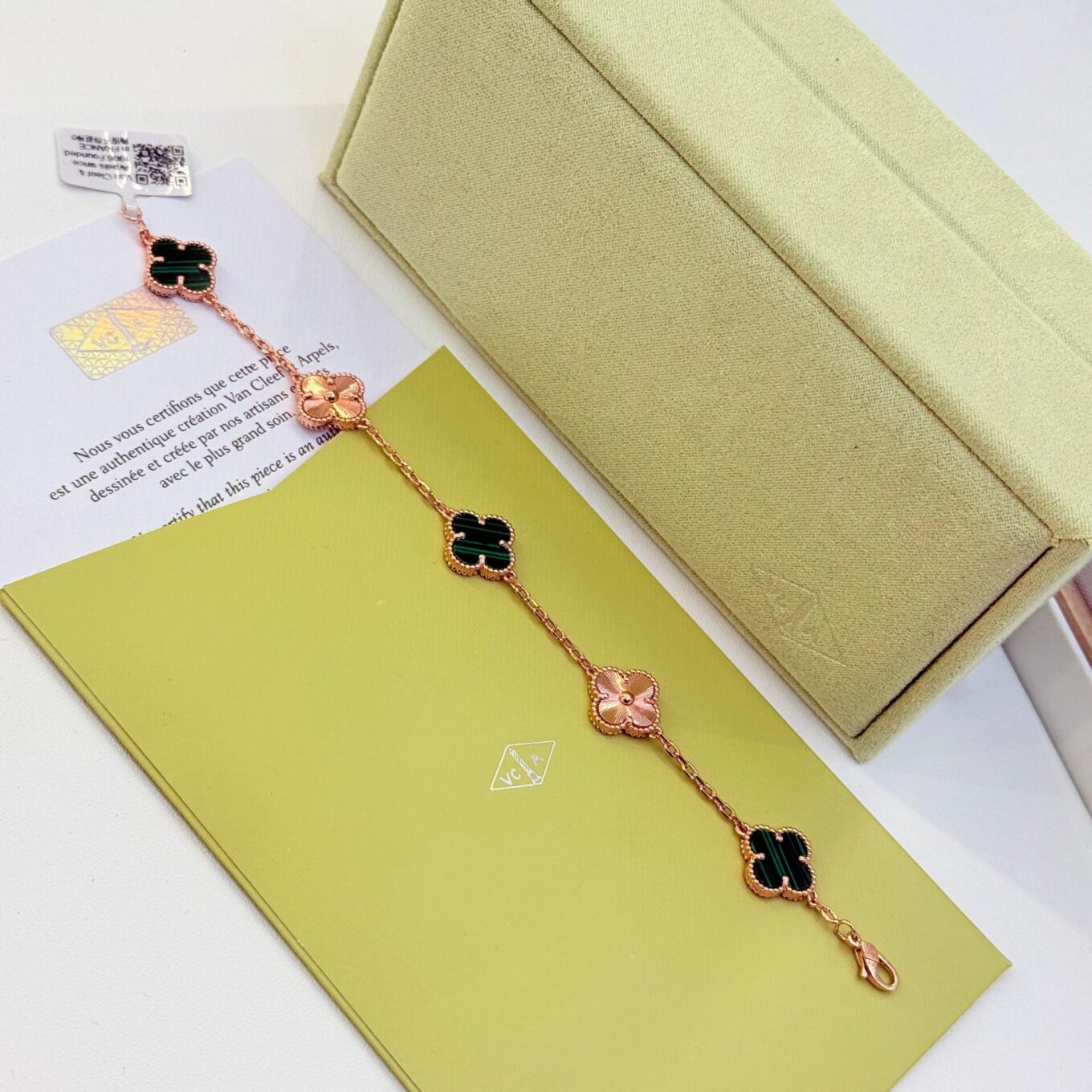 Van Cleef Alhambra Rose Gold & Green Clover Rose Gold Color Bracelet