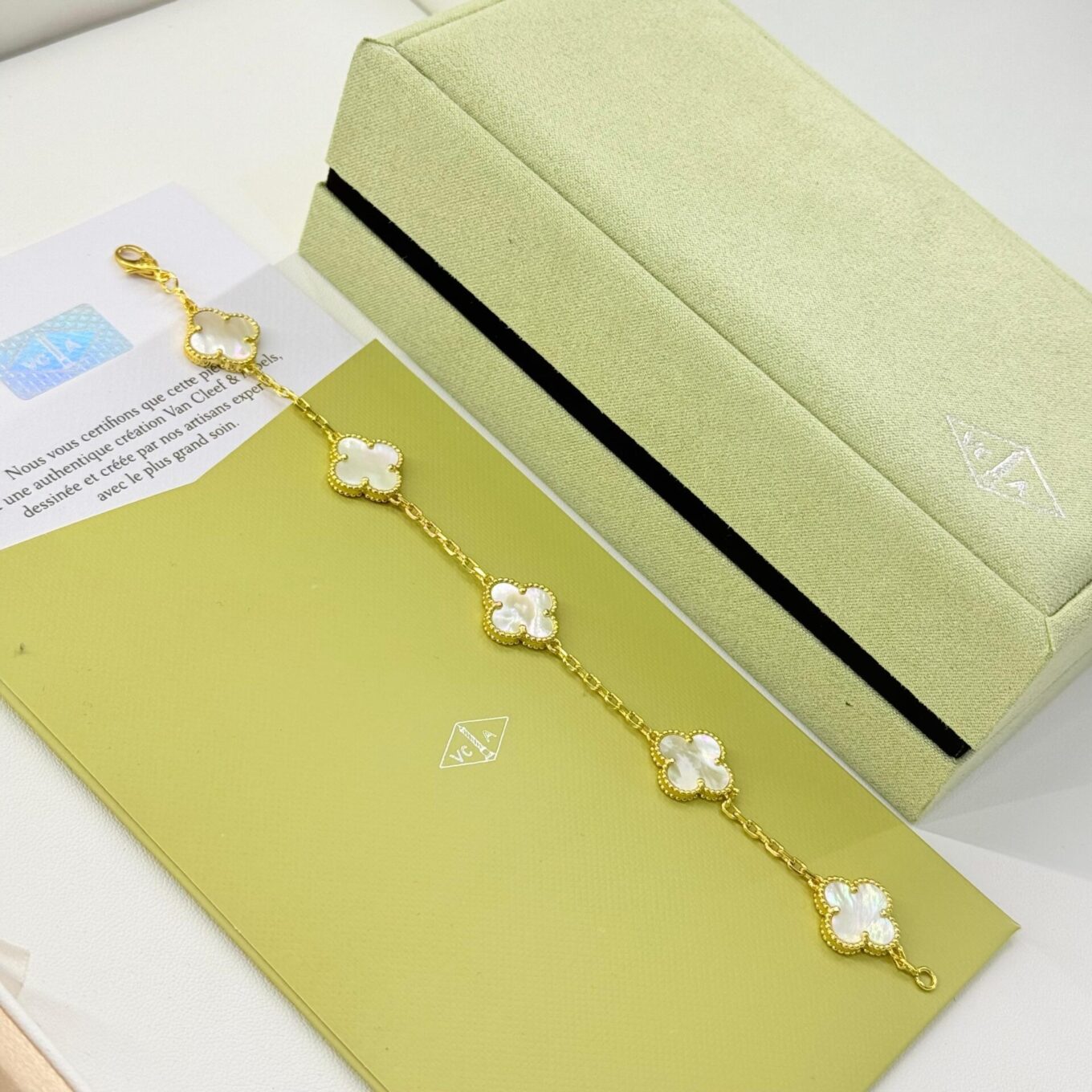 Van Cleef Alhambra White Marble Clover Gold Color Bracelet