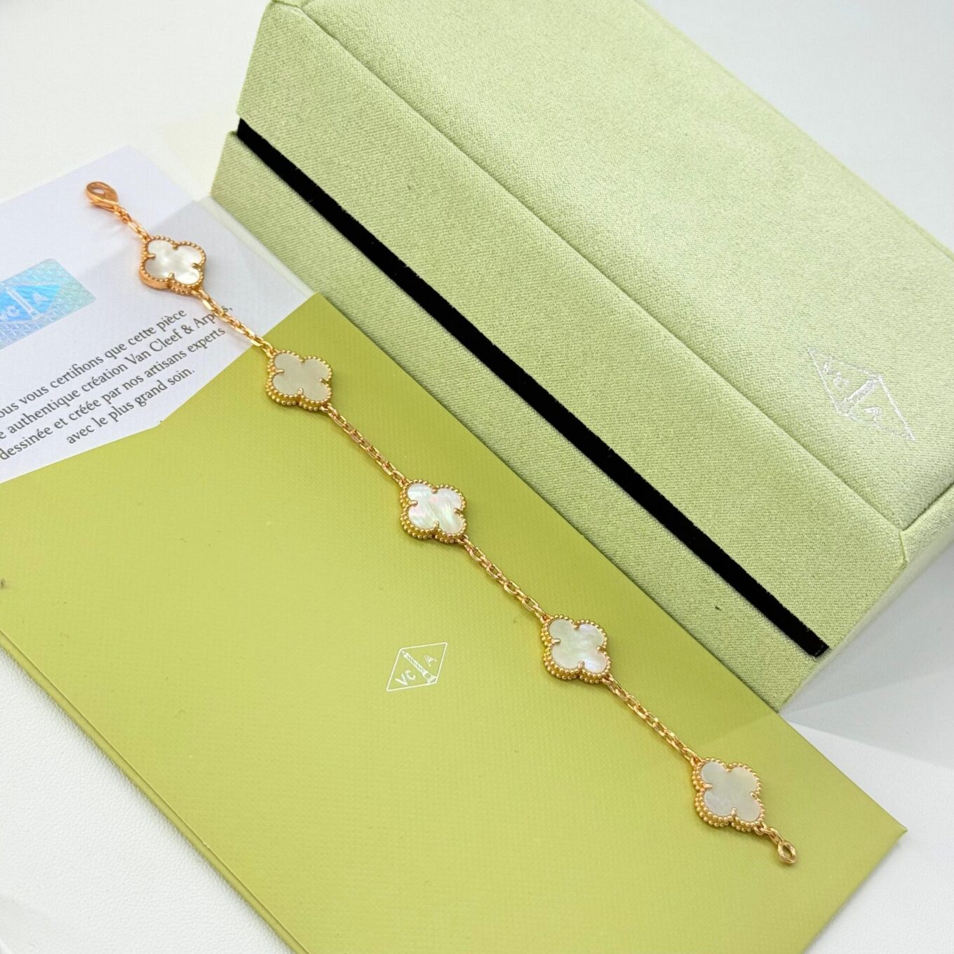 Van Cleef Alhambra White Marble Clover Rose Gold Color Bracelet