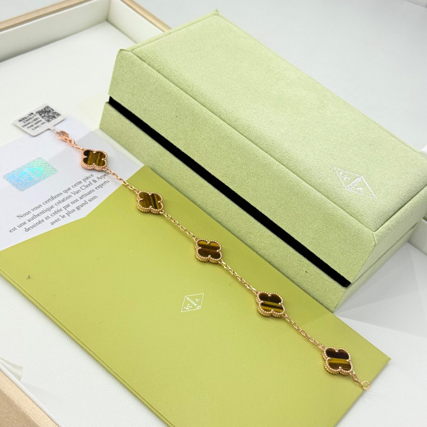 Van Cleef Alhambra Brown Marble Clover Rose Gold Color Bracelet