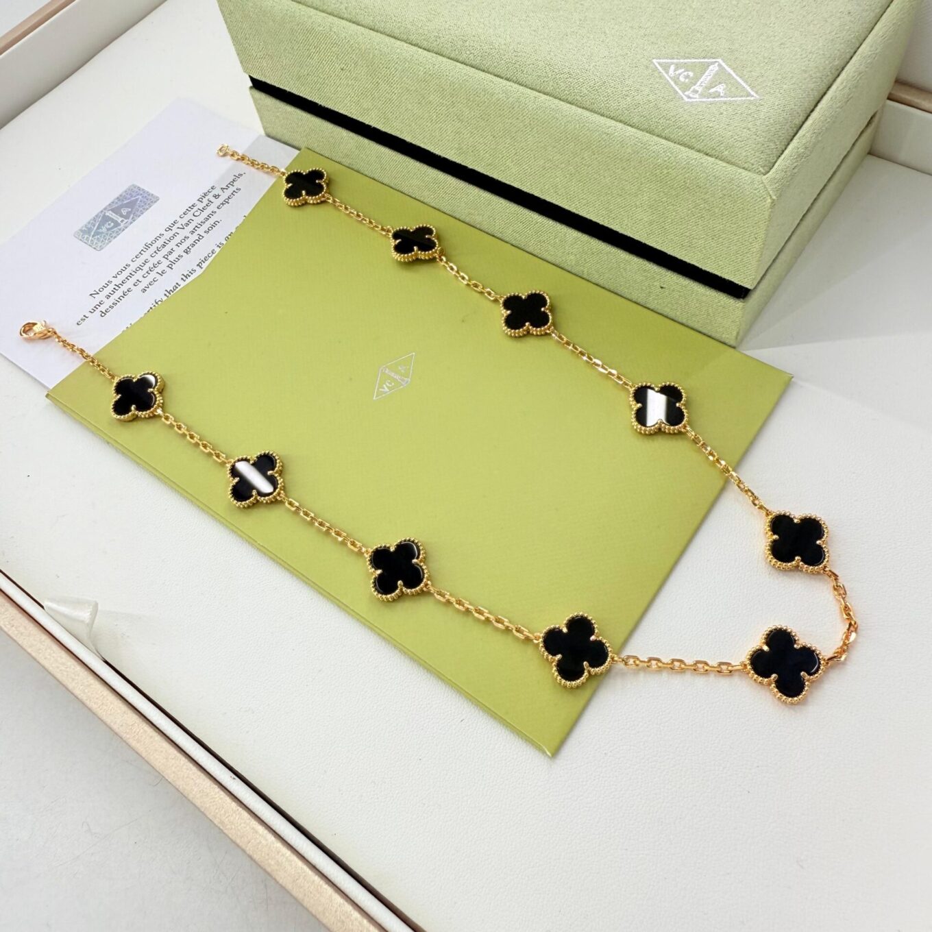 Van Cleef Alhambra Black Marble Clover Rose Gold Color Necklace