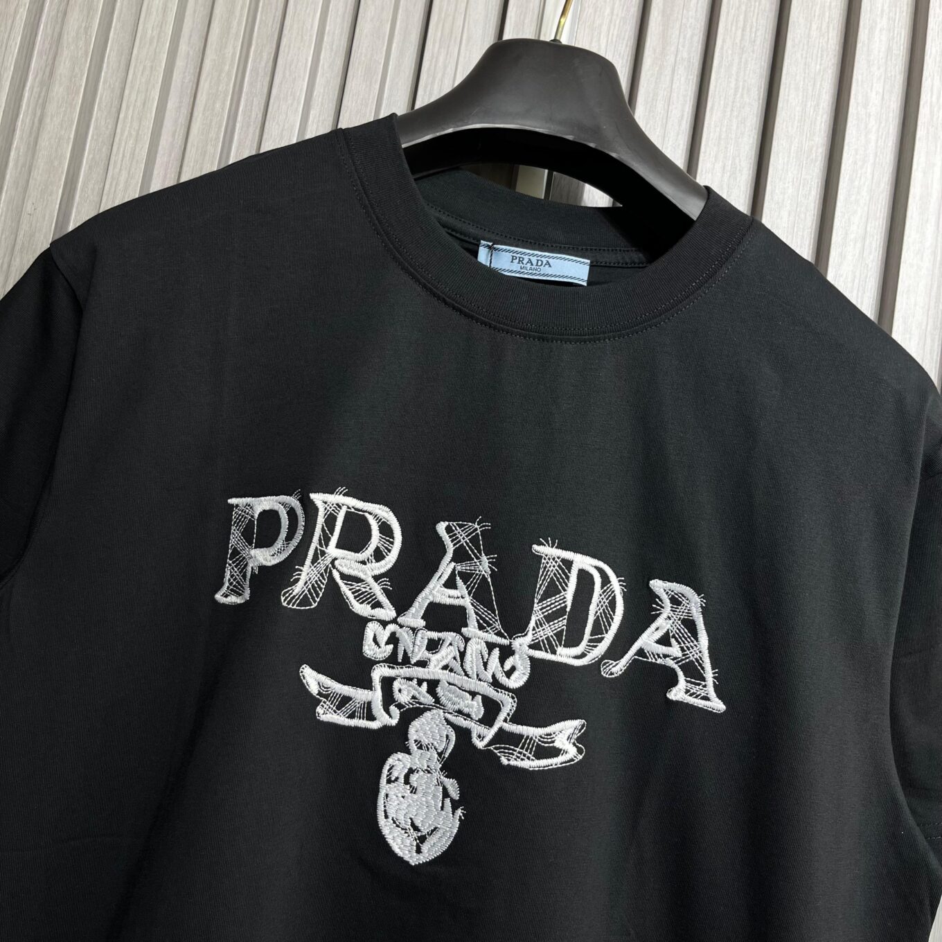 Prada Embroidered Logo Black Tshirt For Men