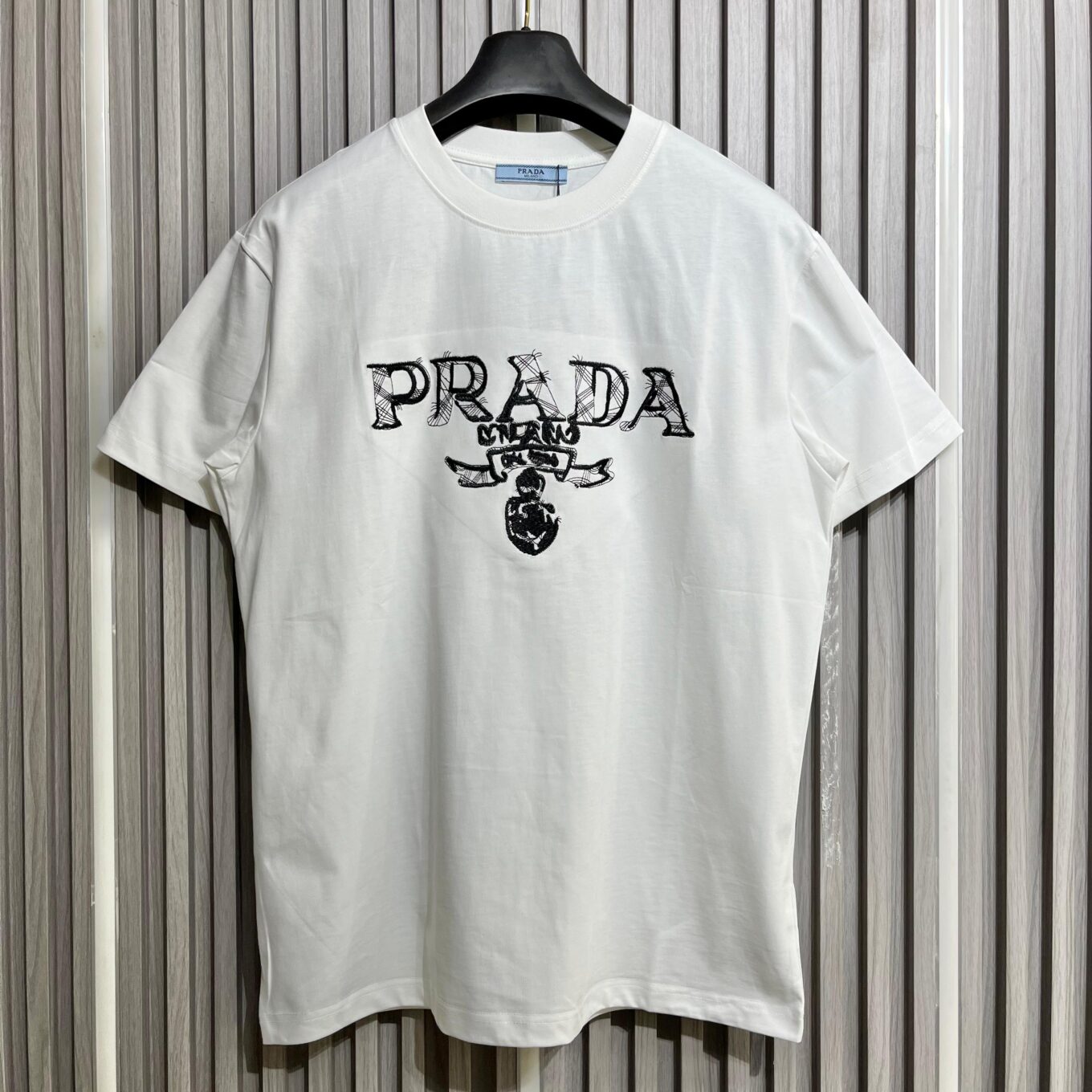 Prada Embroidered Logo White Tshirt For Men