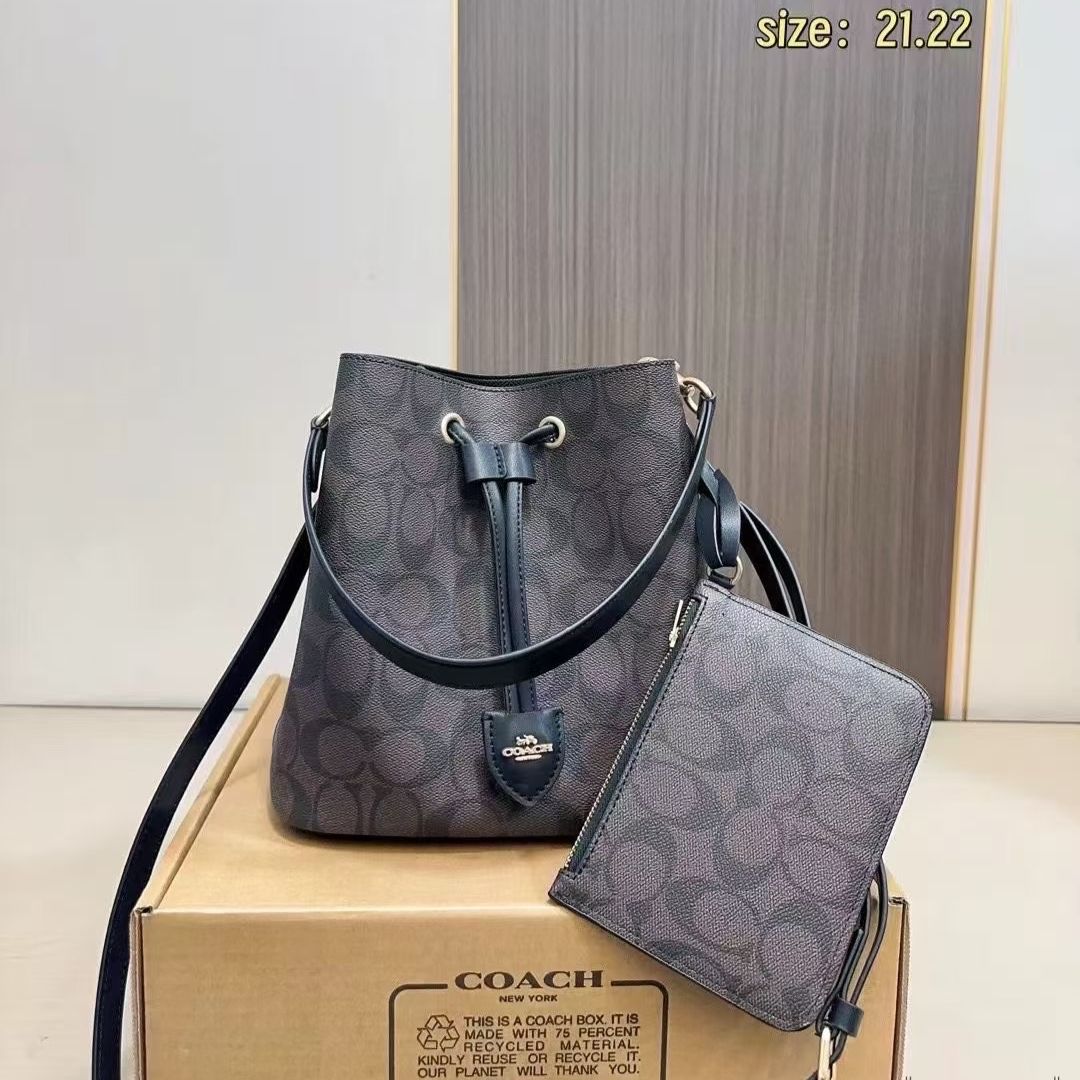 Coach Rowan Signature Coffee Black Bucket Sling Bag (With Box)