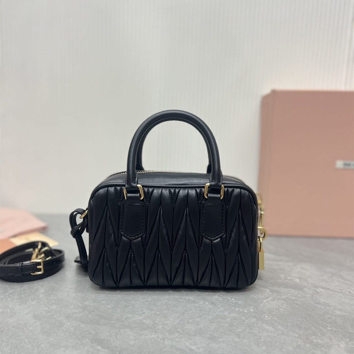 Miu Miu Arcadie Matlasse Nappa Black Bowling Bag (With Box)