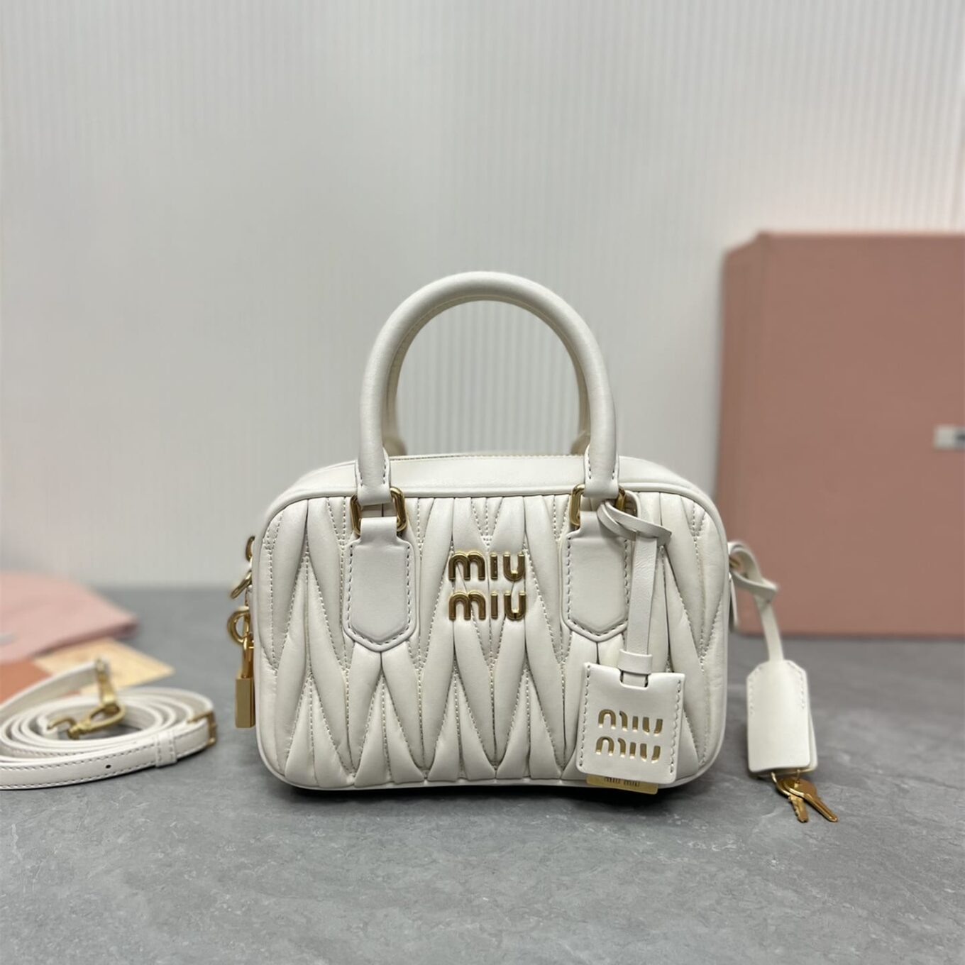 Miu Miu Arcadie Matlasse Nappa White  Bowling Bag (With Box)