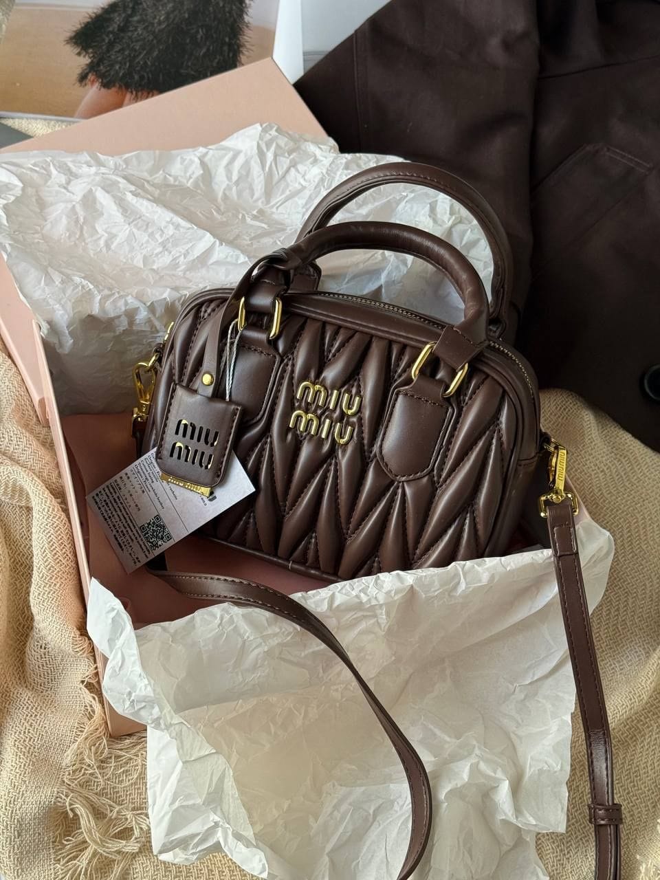 WhatsApp Image 2025-09-20 at 9.36.22 PM Miu Miu Arcadie Matlasse Nappa Coffee Bowling Bag (With Box)