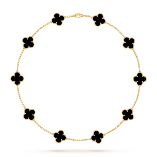 Van Cleef Alhambra Black Marble Clover Gold Color Necklace