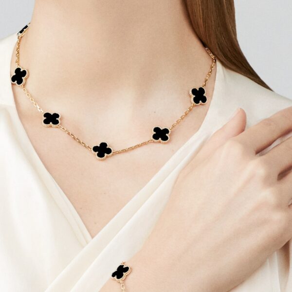 Van Cleef Alhambra Black Marble Clover Gold Color Necklace