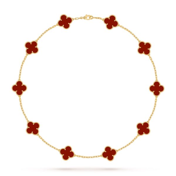 Van Cleef Alhambra Red Marble Clover Gold Color Necklace