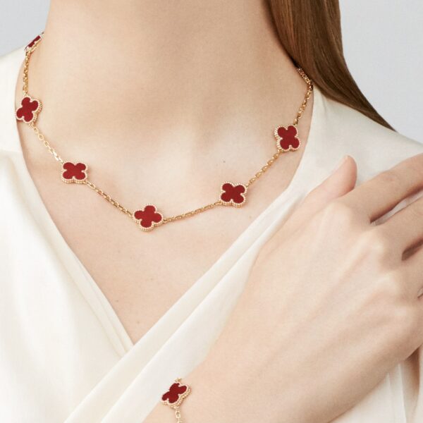 Van Cleef Alhambra Red Marble Clover Gold Color Necklace