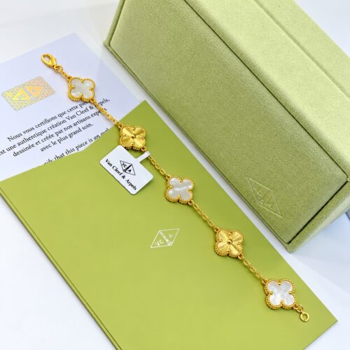 Van Cleef Alhambra White Marble & Silver Clover Gold Color Bracelet