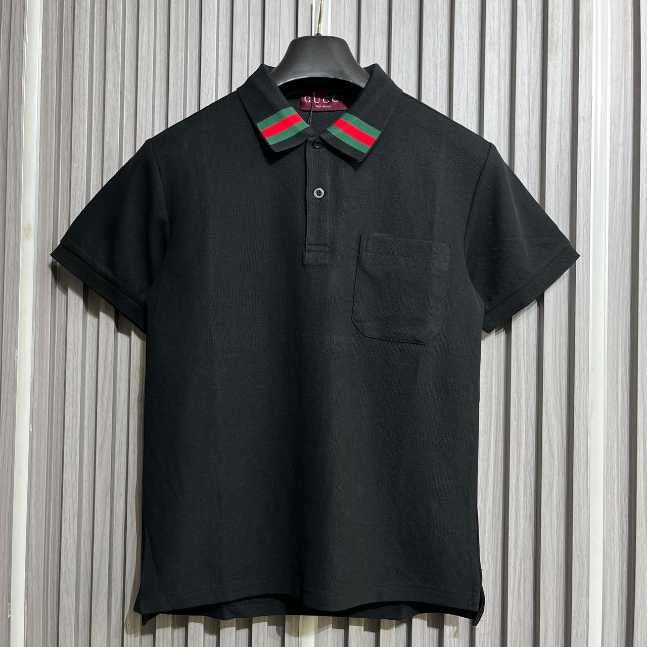 Gucci Black Polo Tshirt with Web Stripe Collar