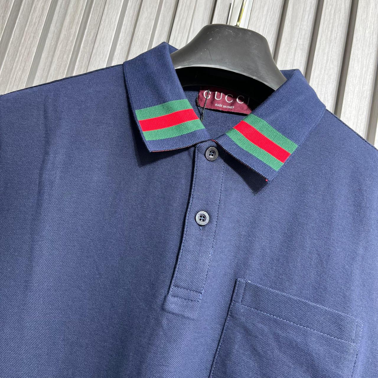 Gucci Blue Polo Tshirt with Web Stripe Collar