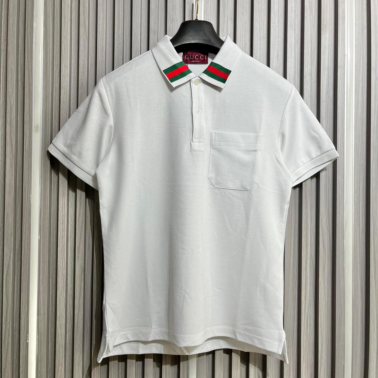 Gucci White Polo Tshirt With Web Stripe Collar