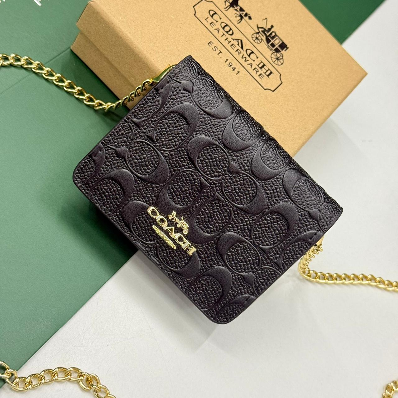 Coach Mini On A chain In Signature Black Embossed Wallet