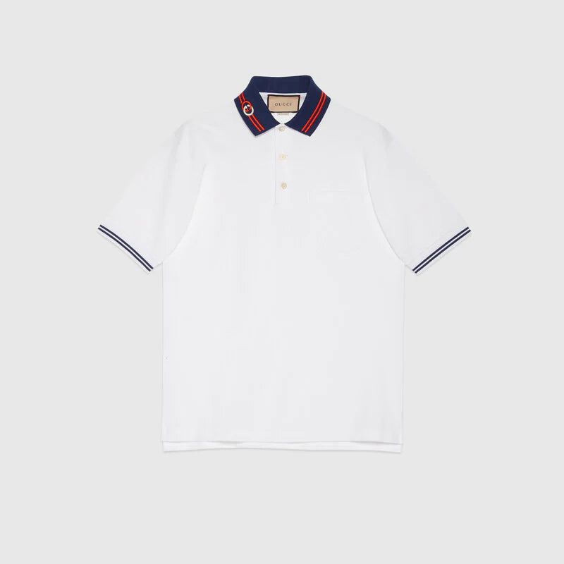 Gucci White Polo Tshirt with Blue Collar Trim