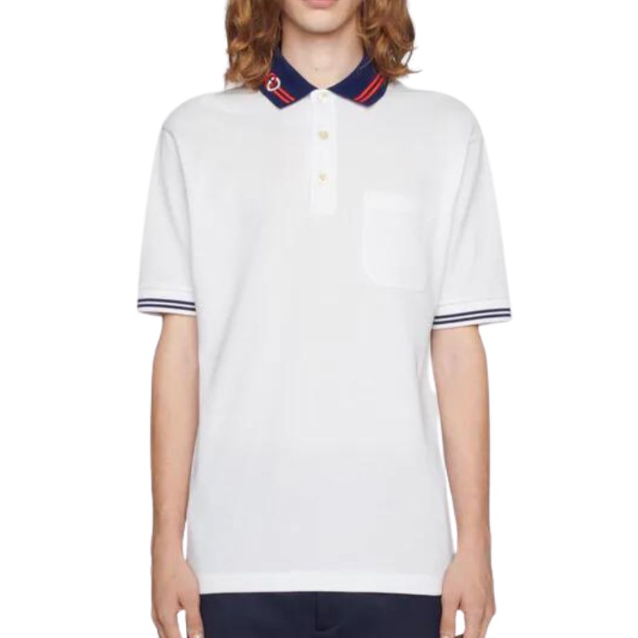 Gucci White Polo Tshirt with Blue Collar Trim