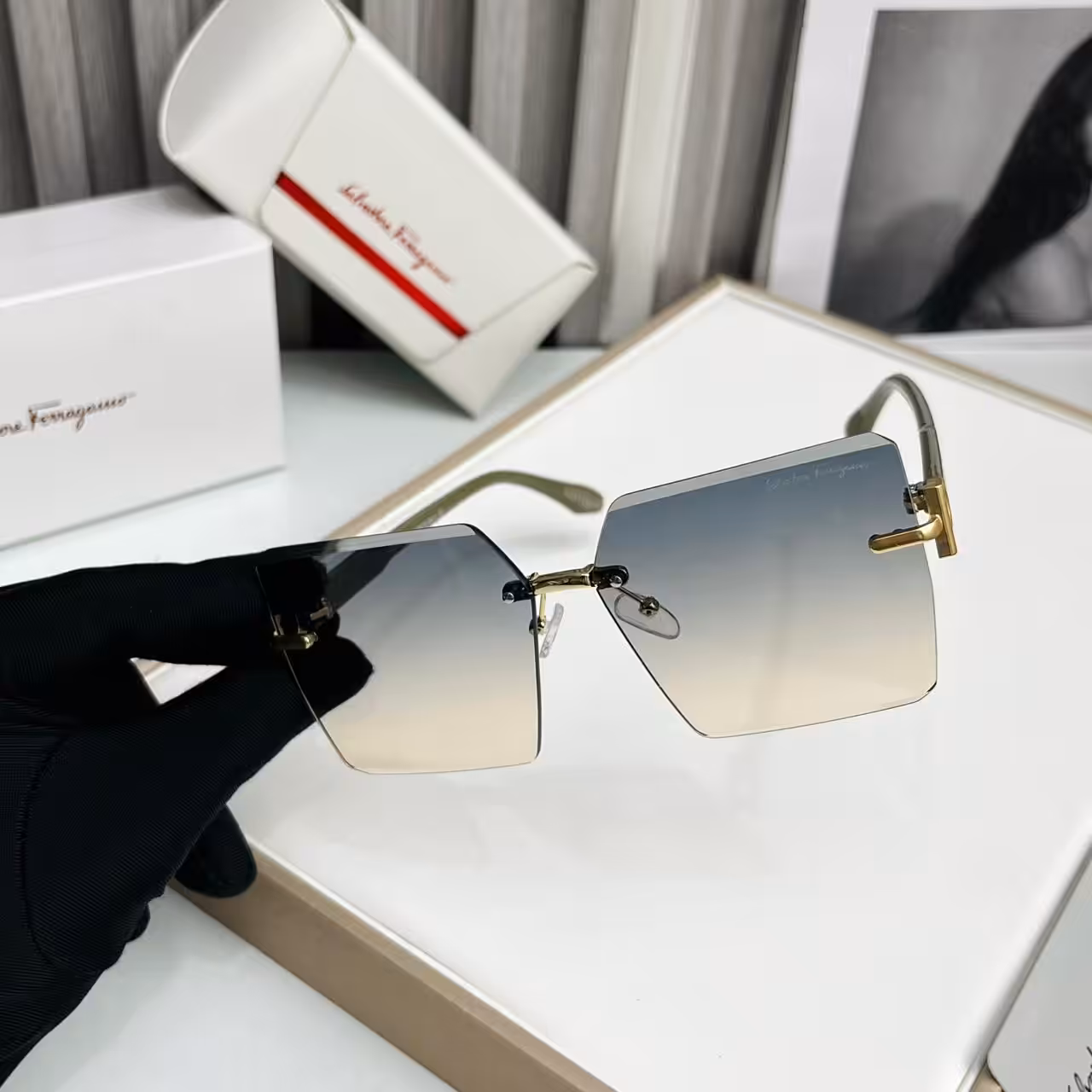 Salvatore Ferragamo Gold Rimless Square Gradient Sunglass For Women