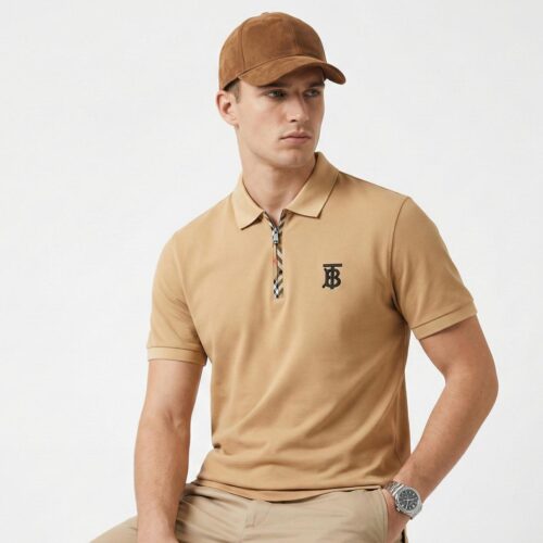 WhatsApp Image 2026-02-14 at 14.44.13 (1) Burberry Khaki Polo Shirt with Monogram Logo & Check Trim